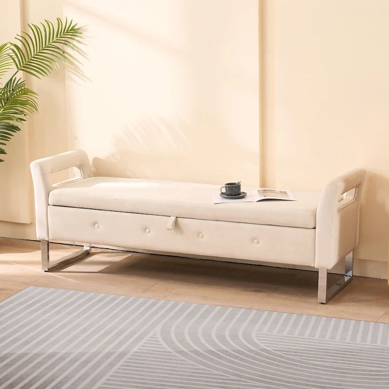 Banc de rangement en velours avec accoudoirs et structure en bois pour chambre à coucher (67,91 €)