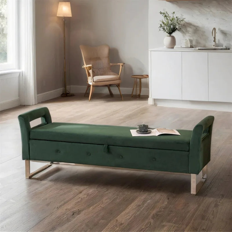 Banc de rangement en velours avec accoudoirs et structure en bois pour chambre à coucher (67,91 €)