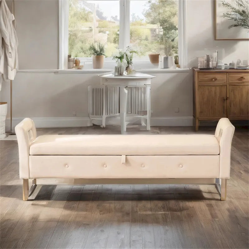 Banc de rangement en velours avec accoudoirs et structure en bois pour chambre à coucher (67,91 €)