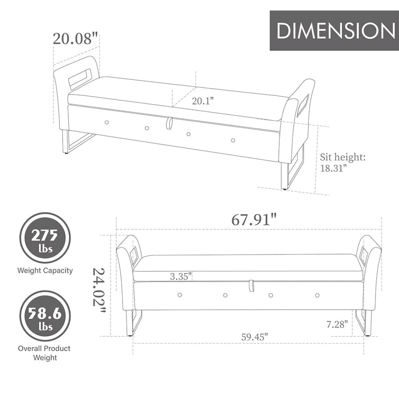 Banc de rangement en velours avec accoudoirs et structure en bois pour chambre à coucher (67,91 €)