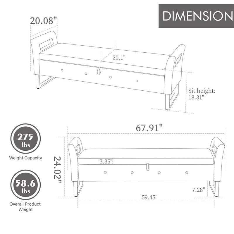 Banc de rangement en velours avec accoudoirs et structure en bois pour chambre à coucher (67,91 €)