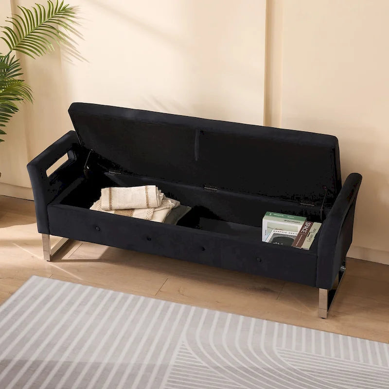 Banc de rangement en velours avec accoudoirs et structure en bois pour chambre à coucher (67,91 €)