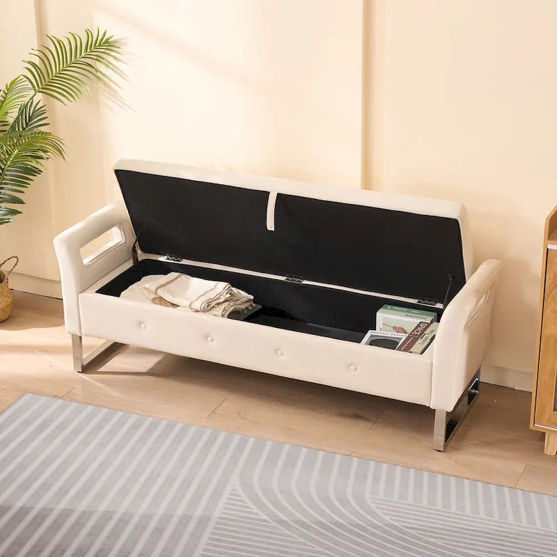 Banc de rangement en velours avec accoudoirs et structure en bois pour chambre à coucher (67,91 €)