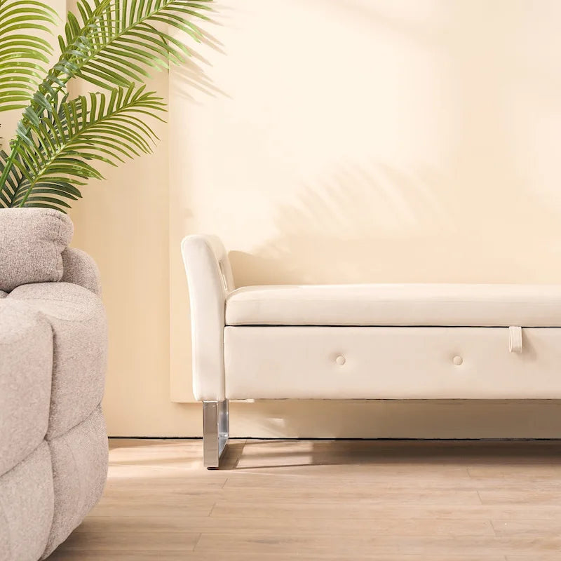 Banc de rangement en velours avec accoudoirs et structure en bois pour chambre à coucher (67,91 €)