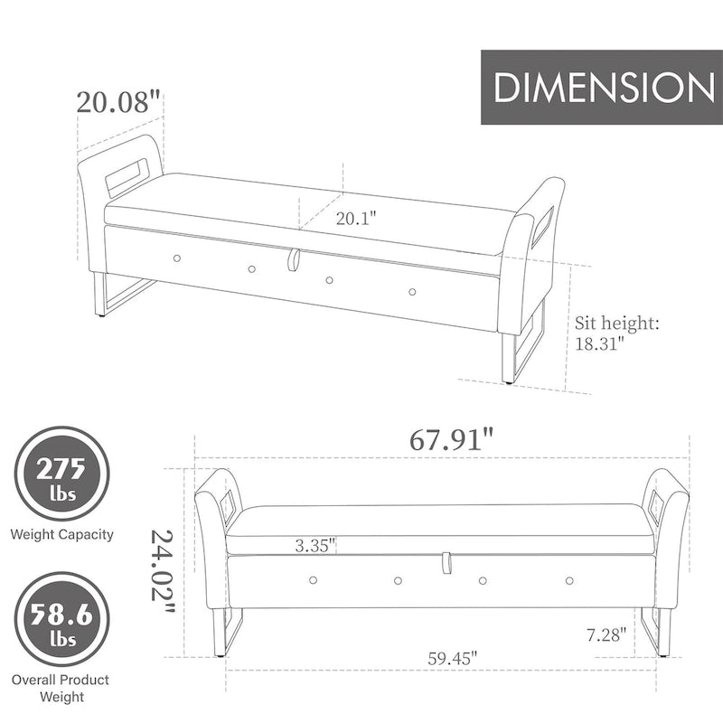 Banc de rangement en velours avec accoudoirs et structure en bois pour chambre à coucher (67,91 €)