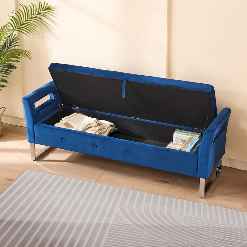 Banc de rangement en velours avec accoudoirs et structure en bois pour chambre à coucher (67,91 €)