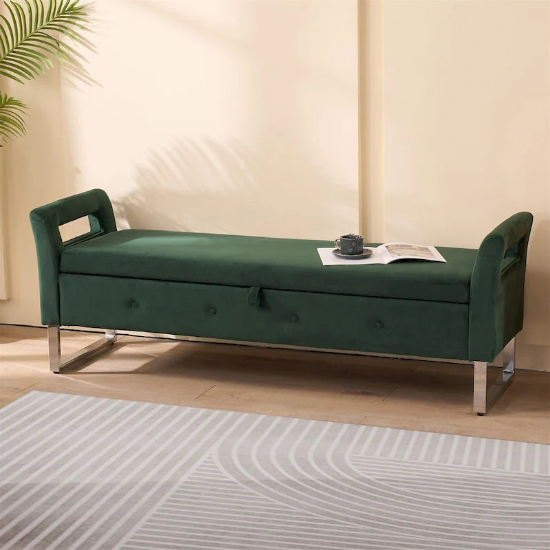 Banc de rangement en velours avec accoudoirs et structure en bois pour chambre à coucher (67,91 €)