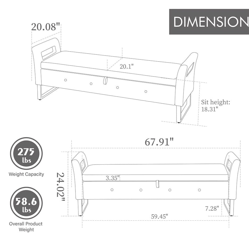 Banc de rangement en velours avec accoudoirs et structure en bois pour chambre à coucher (67,91 €)