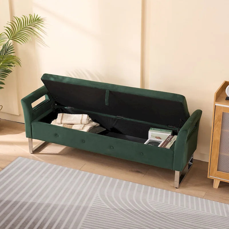 Banc de rangement en velours avec accoudoirs et structure en bois pour chambre à coucher (67,91 €)