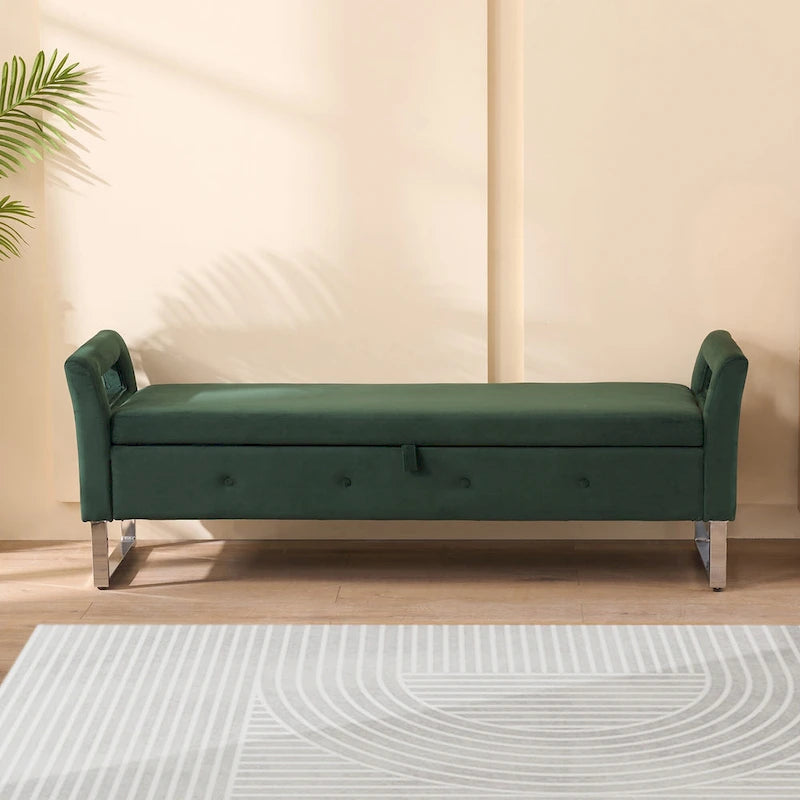 Banc de rangement en velours avec accoudoirs et structure en bois pour chambre à coucher (67,91 €)
