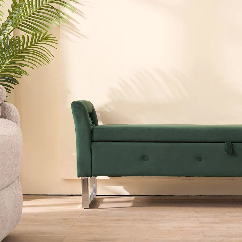 Banc de rangement en velours avec accoudoirs et structure en bois pour chambre à coucher (67,91 €)
