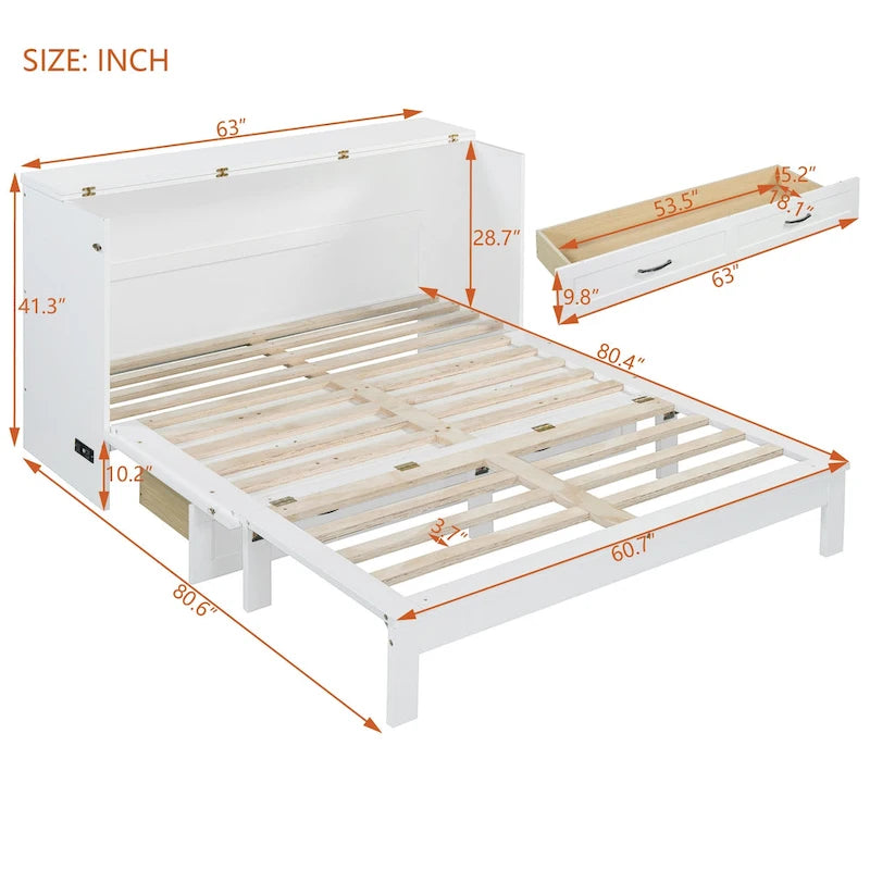 Lit escamotable pliable Queen Size avec tiroirs de rangement et port USB, lit mural gain de place