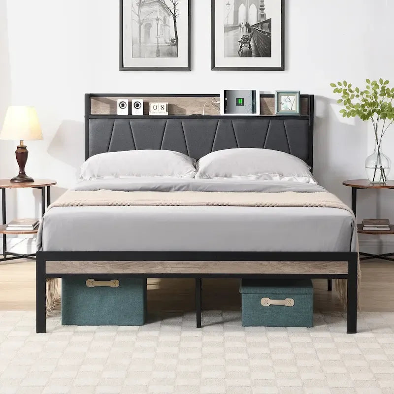 Lit plateforme en métal pleine grandeur avec tête de lit rembourrée avec rangement et doublure USB