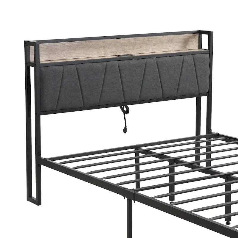 Lit plateforme en métal pleine grandeur avec tête de lit rembourrée avec rangement et doublure USB