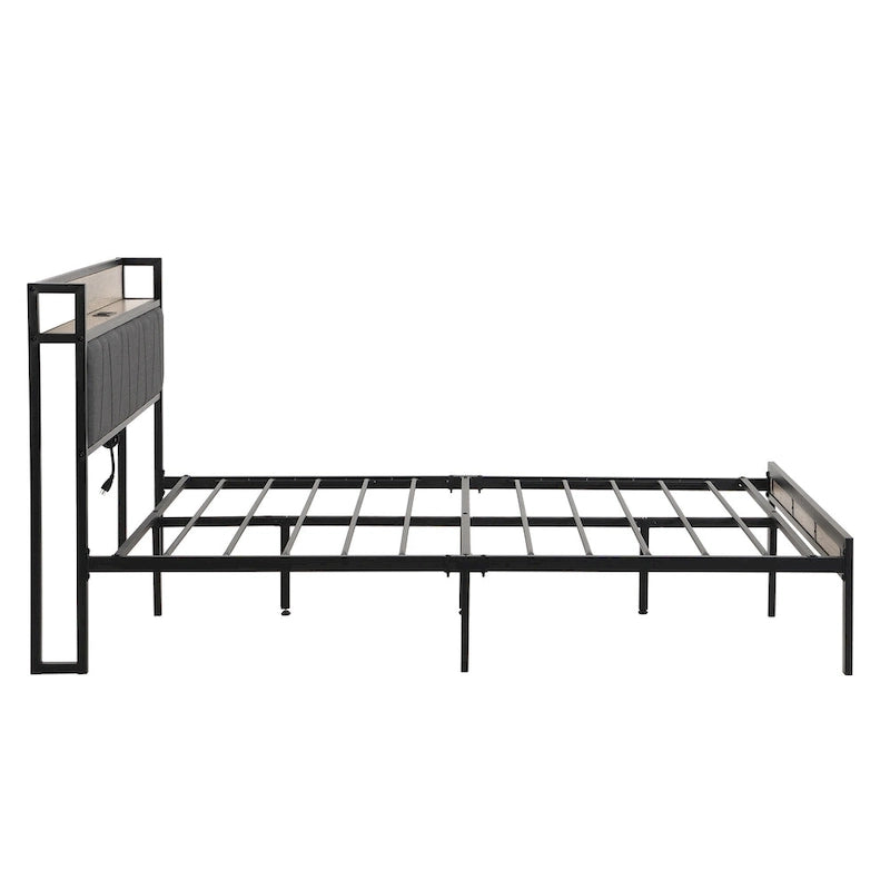 Lit plateforme en métal pleine grandeur avec tête de lit rembourrée avec rangement et doublure USB