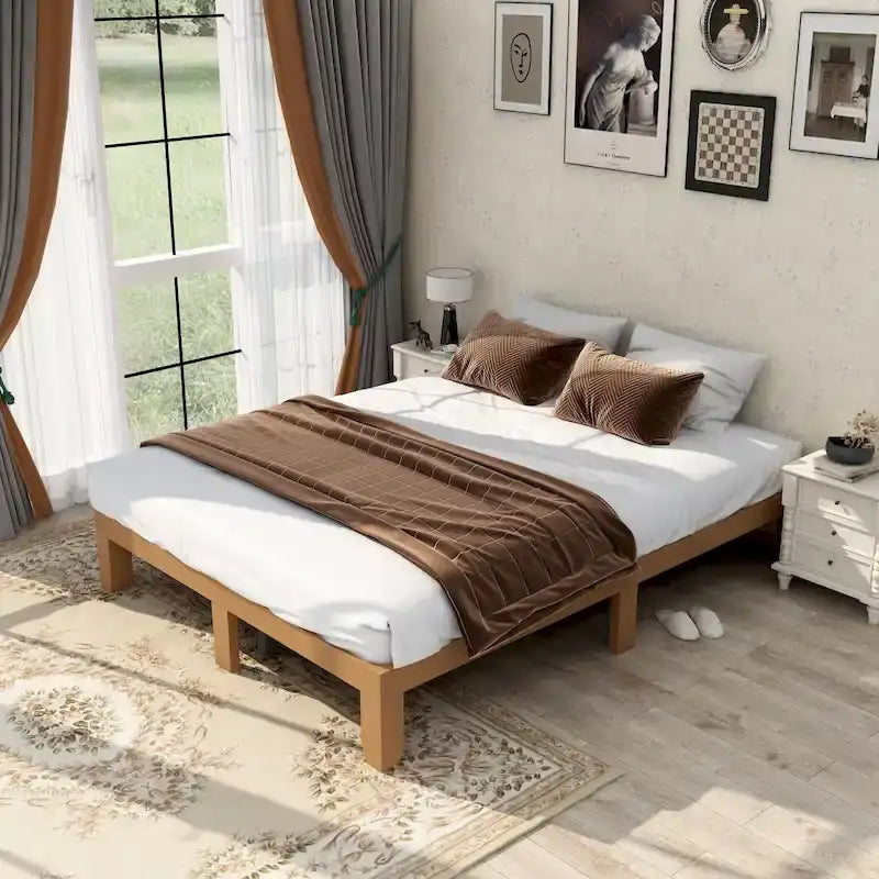 Lit plateforme en bois Queen Size avec sommier à lattes robustes pour chambre à coucher