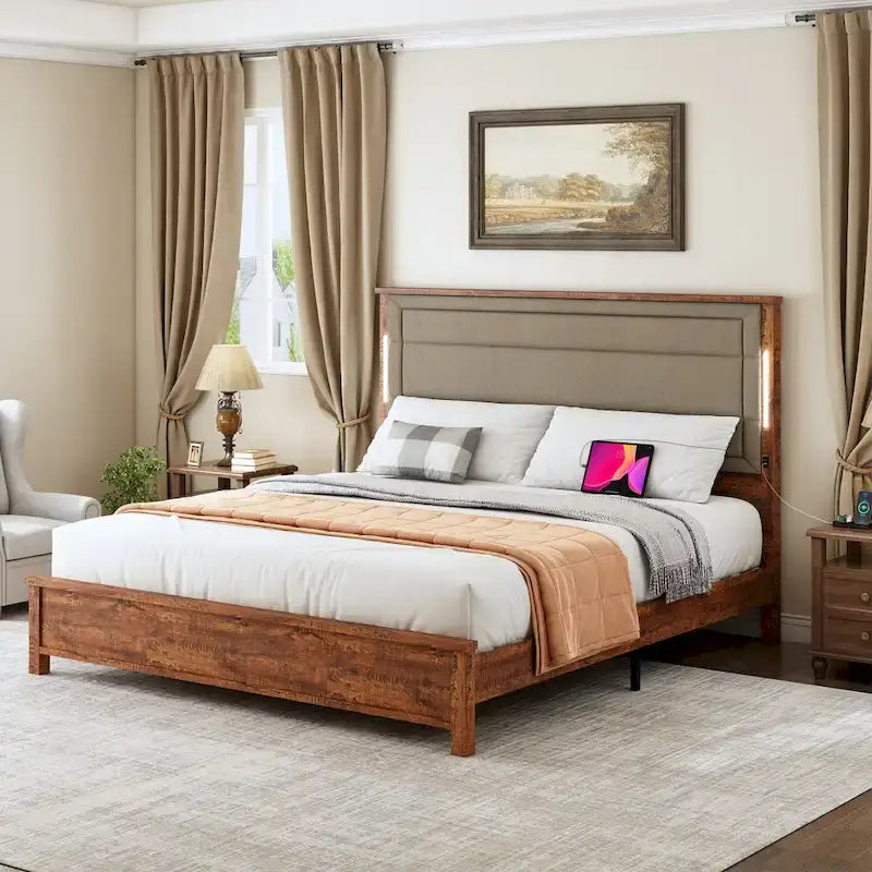 Platform Bed with Upholstered Headboard and LED Lights