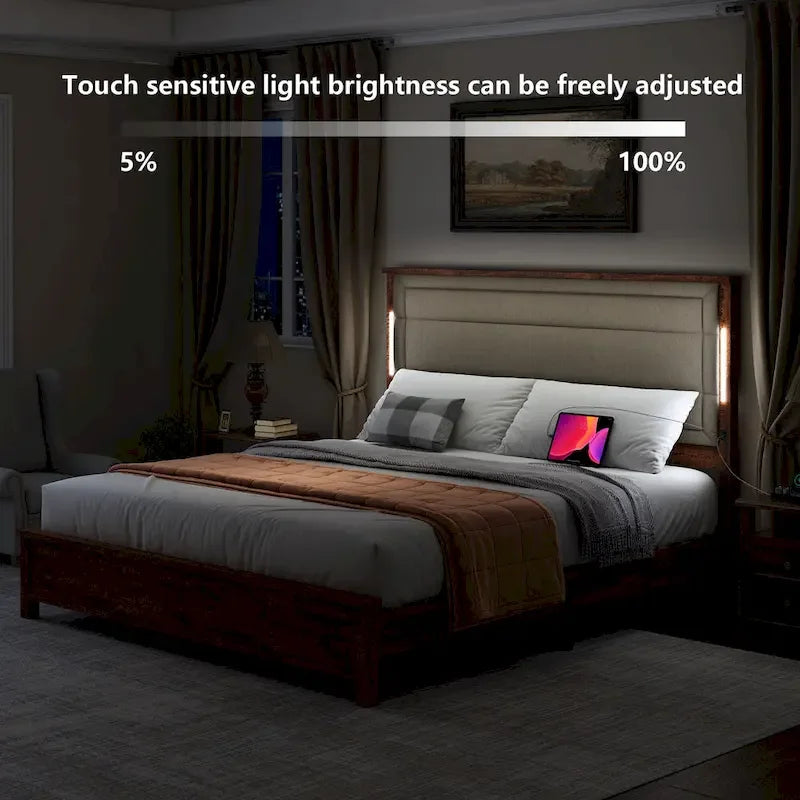 Lit plateforme avec tête de lit rembourrée et éclairage LED