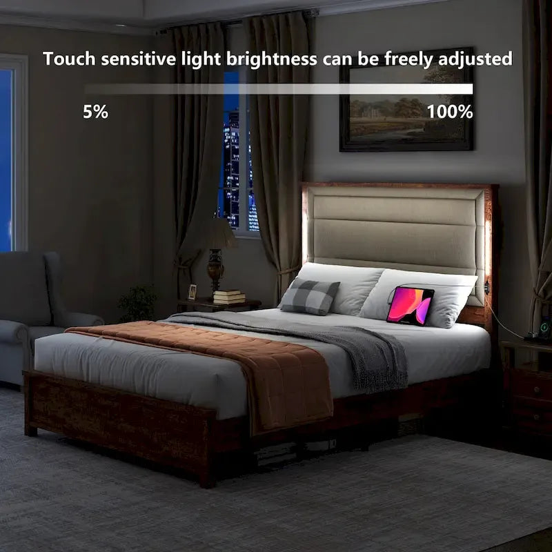 Lit plateforme avec tête de lit rembourrée et éclairage LED