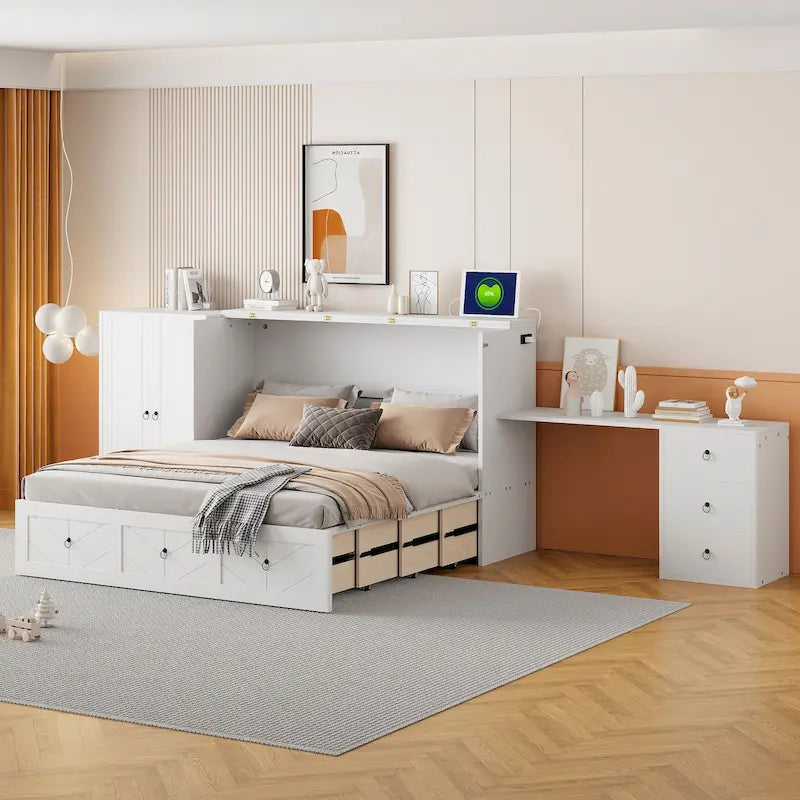 Lit escamotable Queen Size avec port USB, grand tiroir et bureau intégrés pour chambre à coucher