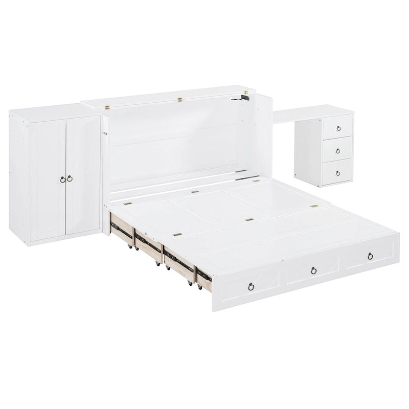 Lit escamotable Queen Size avec port USB, grand tiroir et bureau intégrés pour chambre à coucher