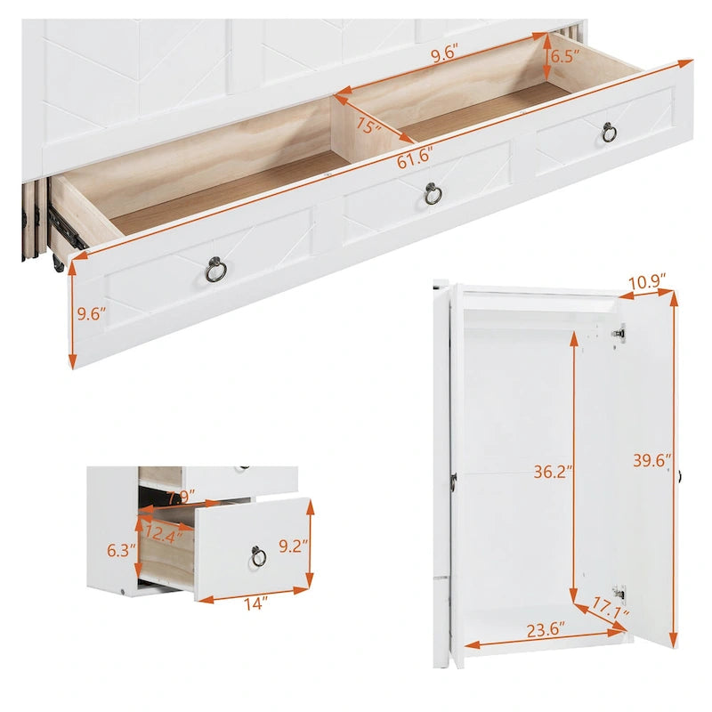 Lit escamotable Queen Size avec port USB, grand tiroir et bureau intégrés pour chambre à coucher