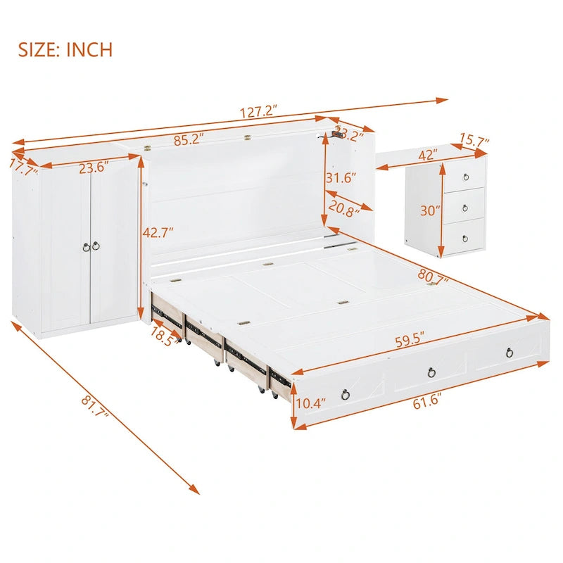 Lit escamotable Queen Size avec port USB, grand tiroir et bureau intégrés pour chambre à coucher
