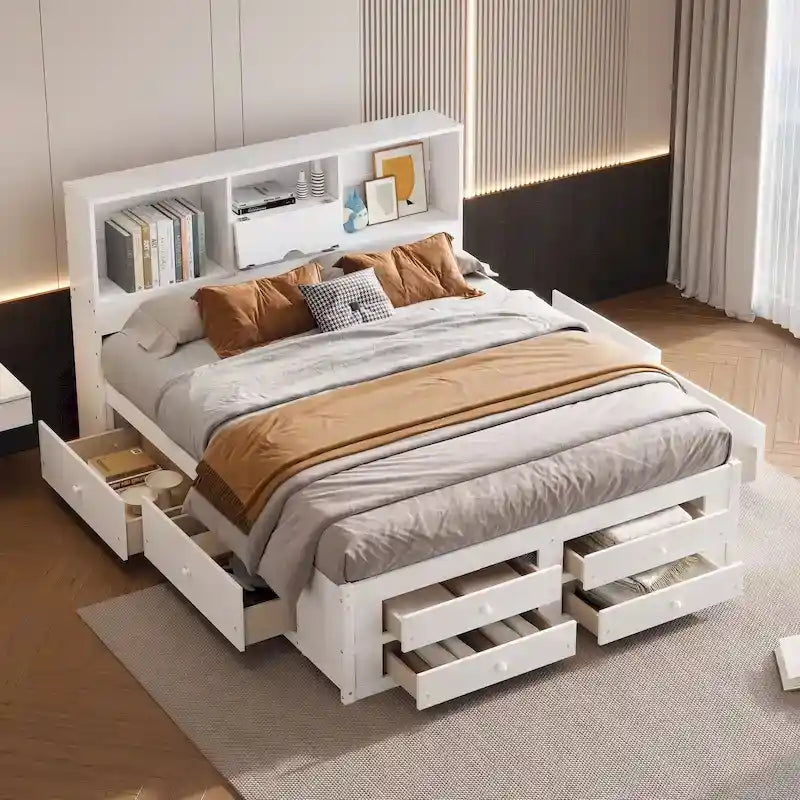 Lit plateforme moderne en bois avec tête de lit de rangement et 8 tiroirs pour chambre à coucher