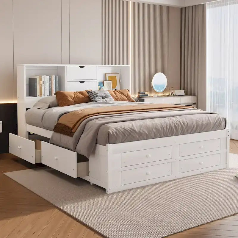 Lit plateforme moderne en bois avec tête de lit de rangement et 8 tiroirs pour chambre à coucher
