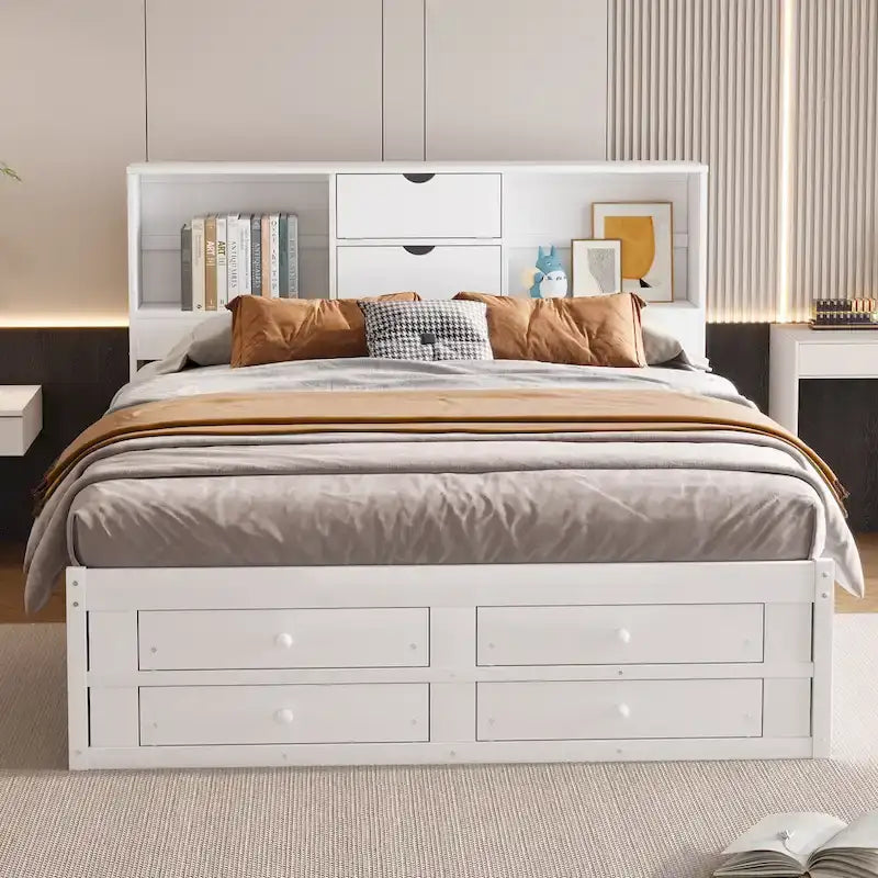 Lit plateforme moderne en bois avec tête de lit de rangement et 8 tiroirs pour chambre à coucher