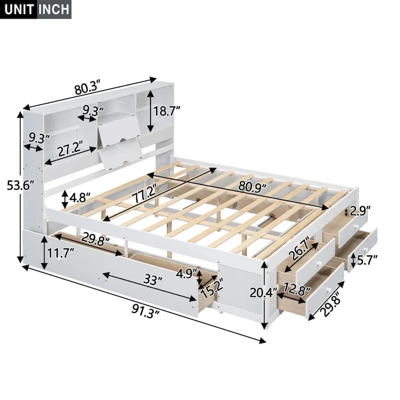 Lit plateforme moderne en bois avec tête de lit de rangement et 8 tiroirs pour chambre à coucher