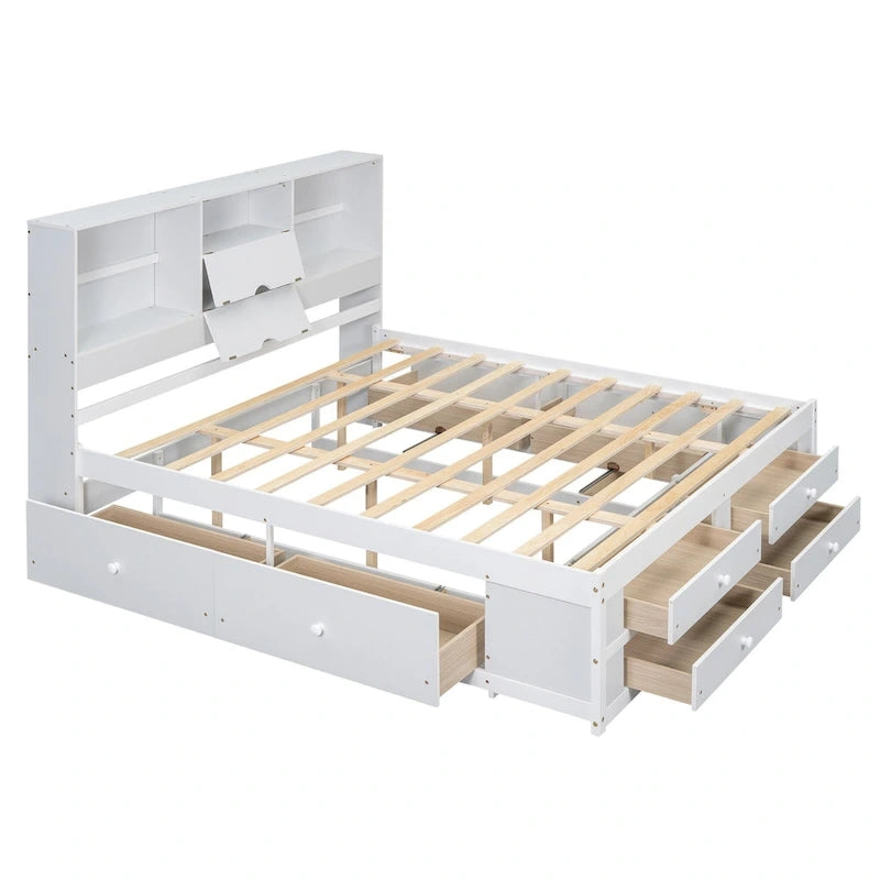 Lit plateforme moderne en bois avec tête de lit de rangement et 8 tiroirs pour chambre à coucher