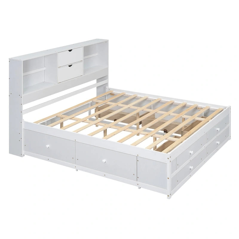 Lit plateforme moderne en bois avec tête de lit de rangement et 8 tiroirs pour chambre à coucher