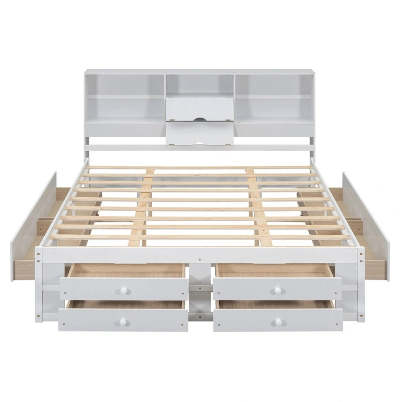 Lit plateforme moderne en bois avec tête de lit de rangement et 8 tiroirs pour chambre à coucher