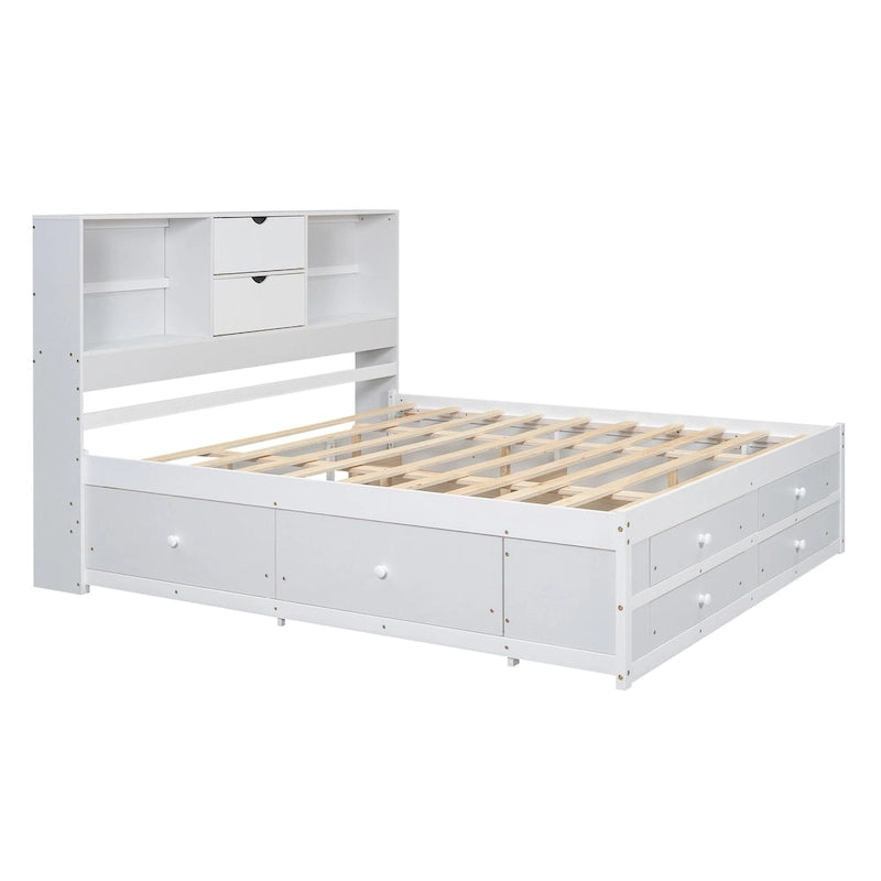 Lit plateforme moderne en bois avec tête de lit de rangement et 8 tiroirs pour chambre à coucher