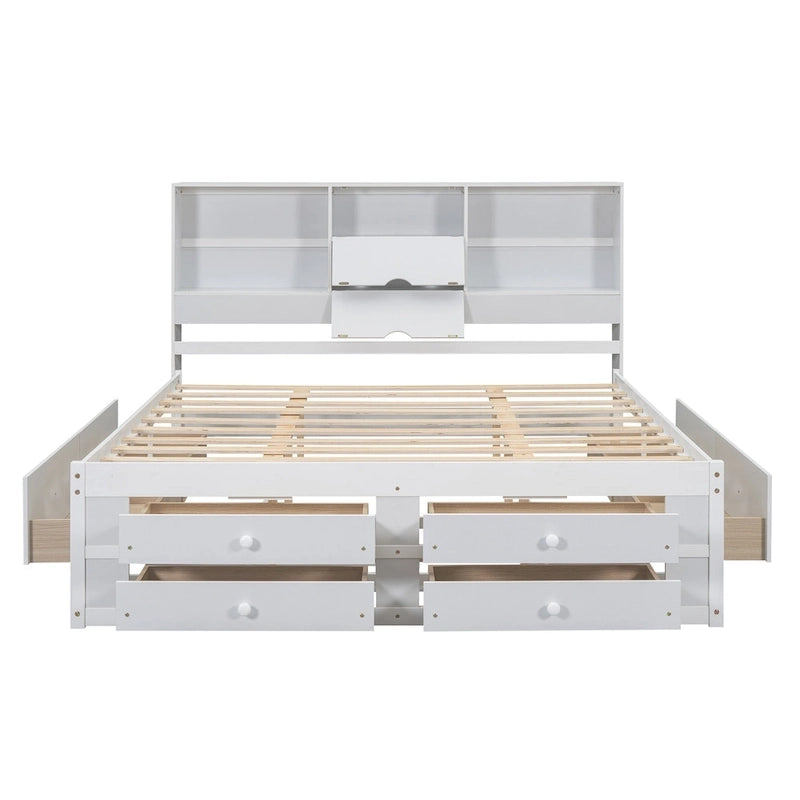Lit plateforme moderne en bois avec tête de lit de rangement et 8 tiroirs pour chambre à coucher