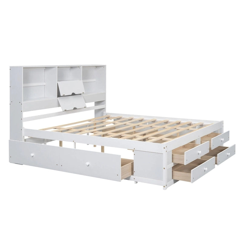 Lit plateforme moderne en bois avec tête de lit de rangement et 8 tiroirs pour chambre à coucher