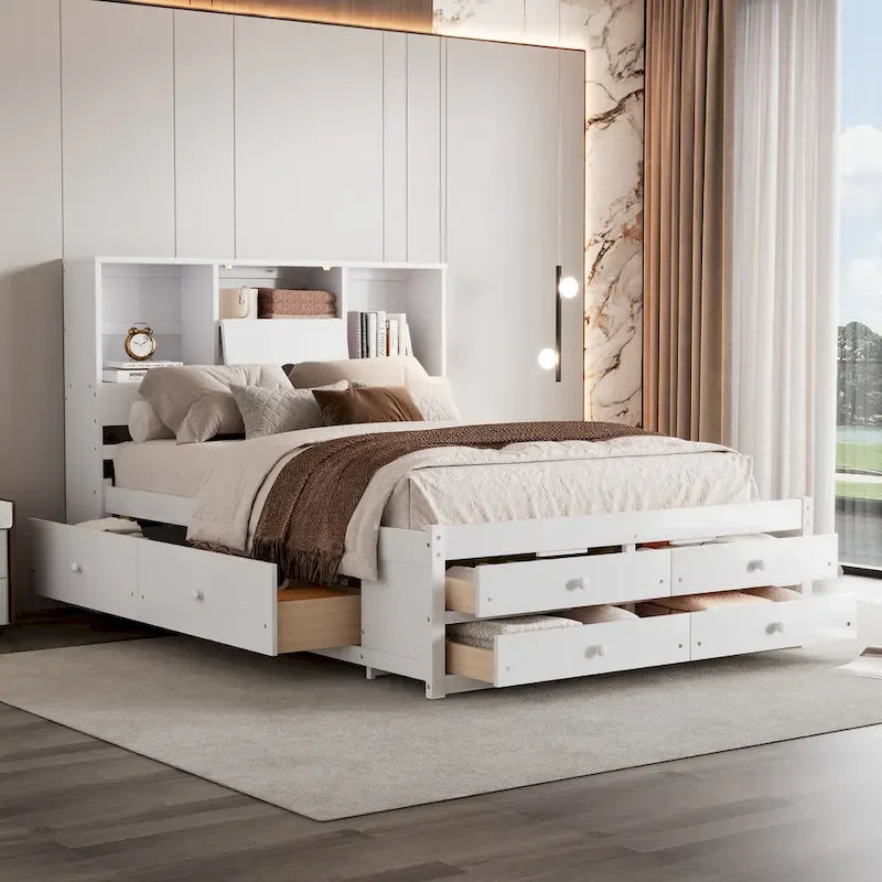 Lit plateforme moderne en bois avec tête de lit de rangement et 8 tiroirs pour chambre à coucher
