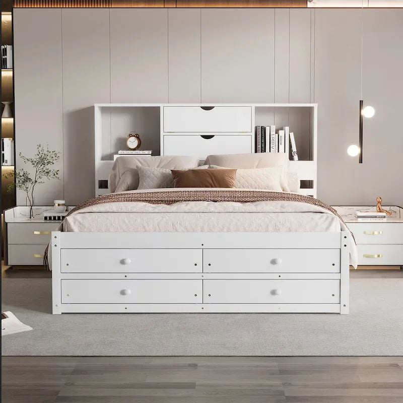 Lit plateforme moderne en bois avec tête de lit de rangement et 8 tiroirs pour chambre à coucher