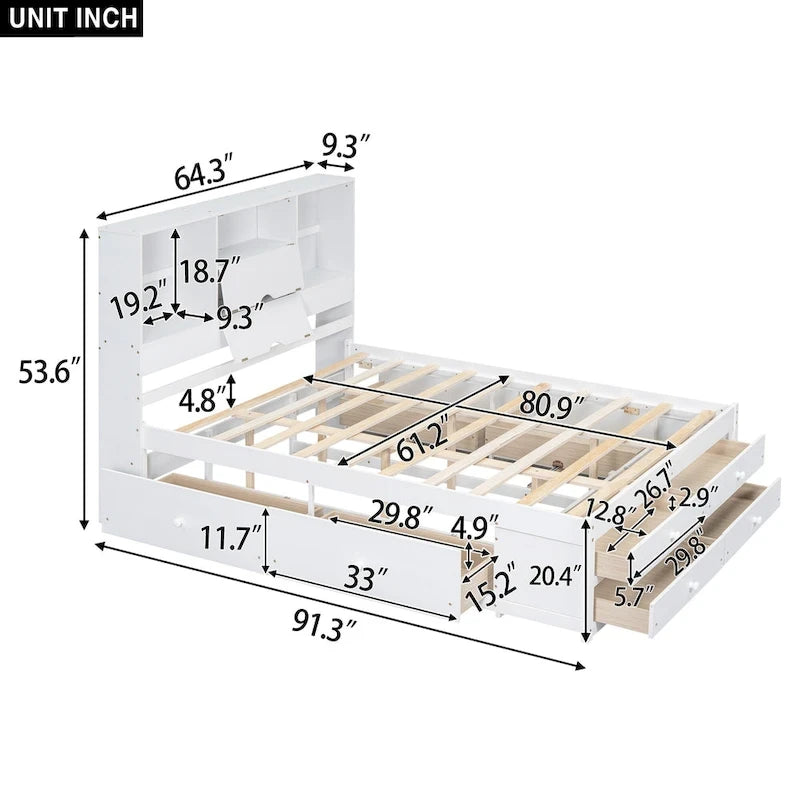 Lit plateforme moderne en bois avec tête de lit de rangement et 8 tiroirs pour chambre à coucher