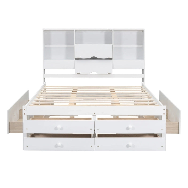 Lit plateforme moderne en bois avec tête de lit de rangement et 8 tiroirs pour chambre à coucher