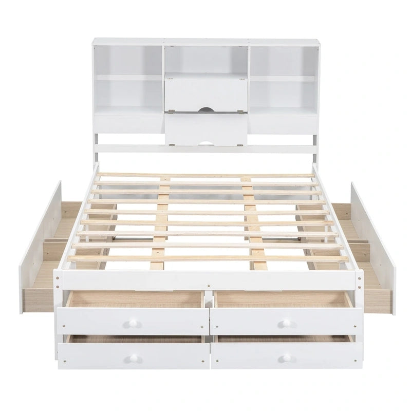 Lit plateforme moderne en bois avec tête de lit de rangement et 8 tiroirs pour chambre à coucher