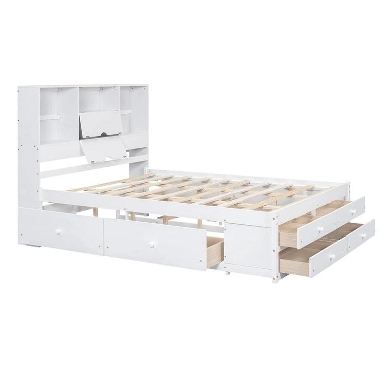 Lit plateforme moderne en bois avec tête de lit de rangement et 8 tiroirs pour chambre à coucher