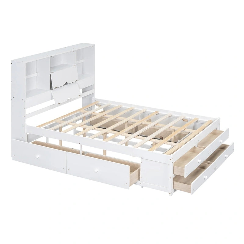 Lit plateforme moderne en bois avec tête de lit de rangement et 8 tiroirs pour chambre à coucher