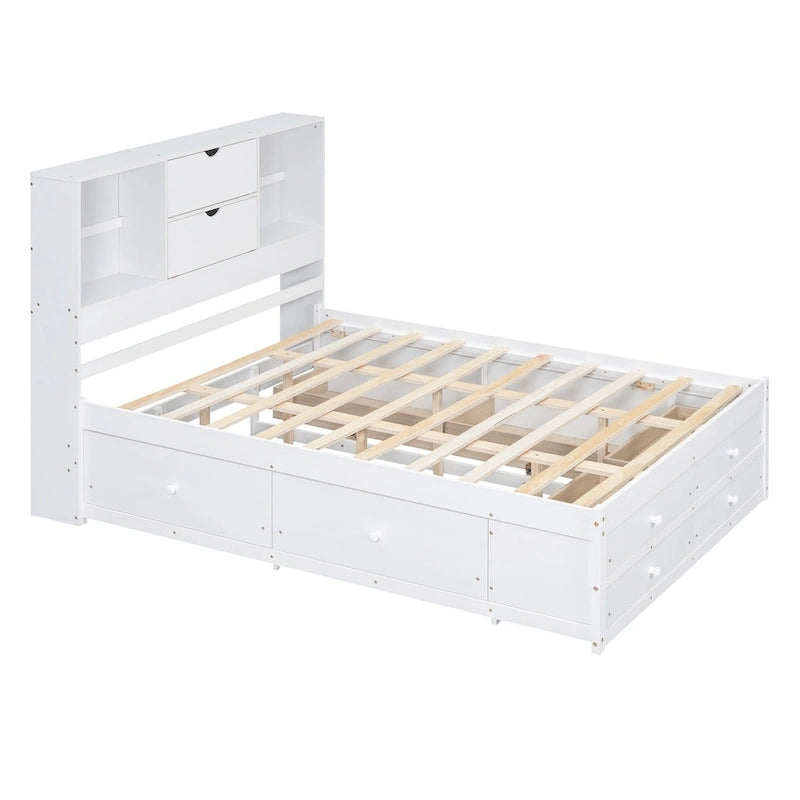 Lit plateforme moderne en bois avec tête de lit de rangement et 8 tiroirs pour chambre à coucher