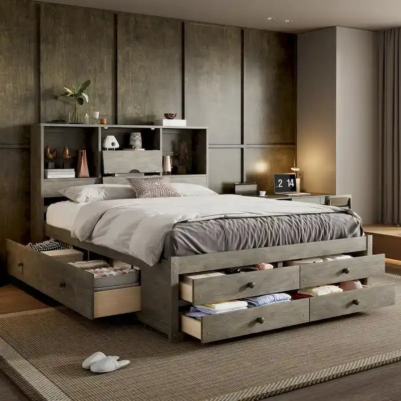 Lit plateforme moderne en bois avec tête de lit de rangement et 8 tiroirs pour chambre à coucher