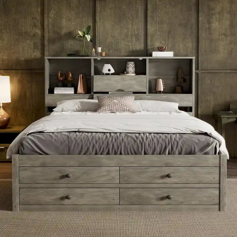 Lit plateforme moderne en bois avec tête de lit de rangement et 8 tiroirs pour chambre à coucher