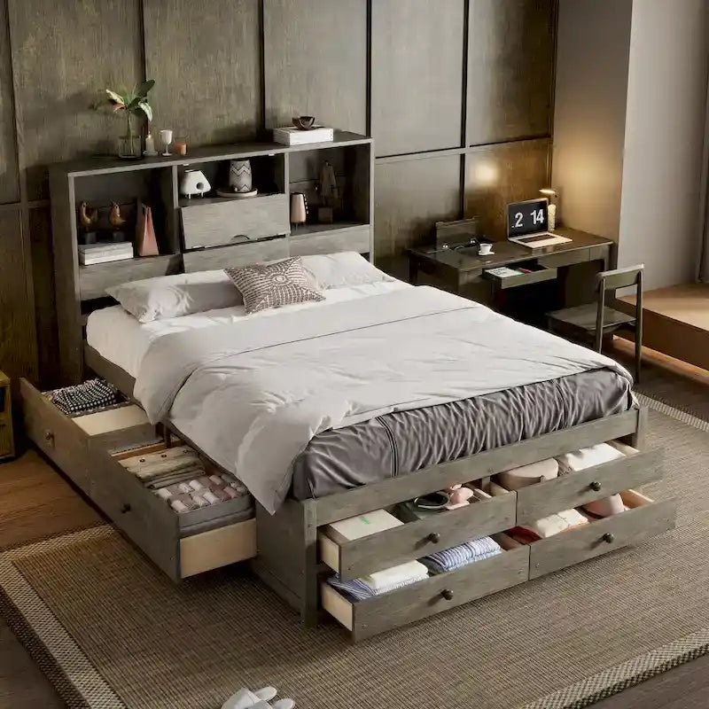 Lit plateforme moderne en bois avec tête de lit de rangement et 8 tiroirs pour chambre à coucher