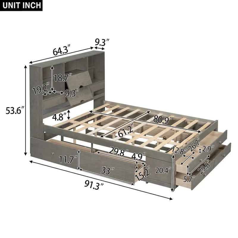 Lit plateforme moderne en bois avec tête de lit de rangement et 8 tiroirs pour chambre à coucher