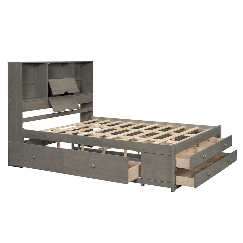 Lit plateforme moderne en bois avec tête de lit de rangement et 8 tiroirs pour chambre à coucher